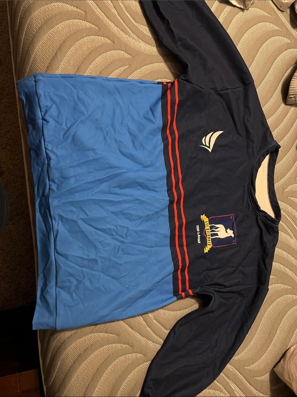 Navy & Light Blue Long-Sleeve Pullover Sweatshirt with Red Stripe Accents